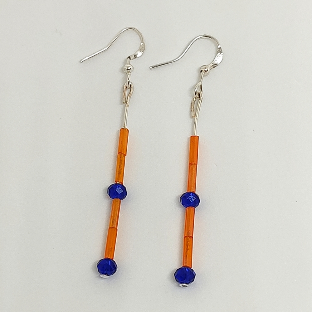 New Hand Crafted Beaded Earrings Orange Glass Navy Blue Bead Dangle Drop Jewelry